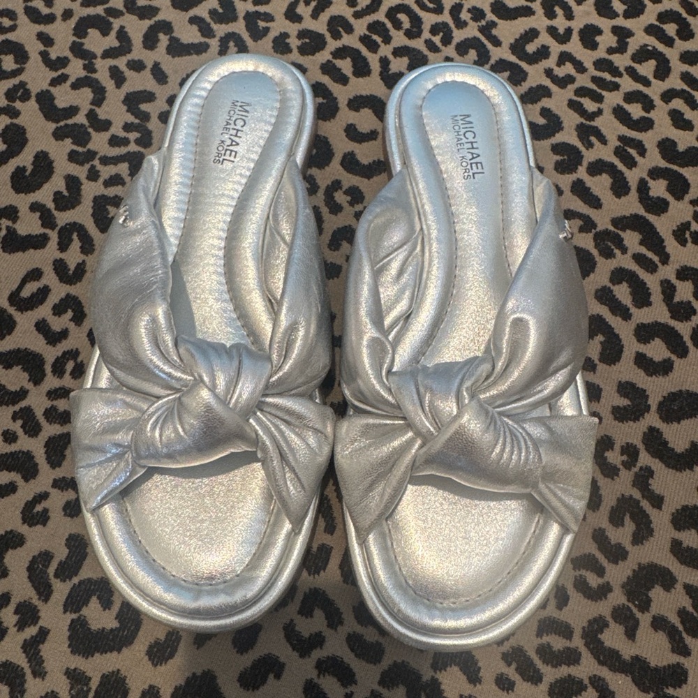 MICHAEL Michael Kors Metallic Silver Knotted Slide Mules